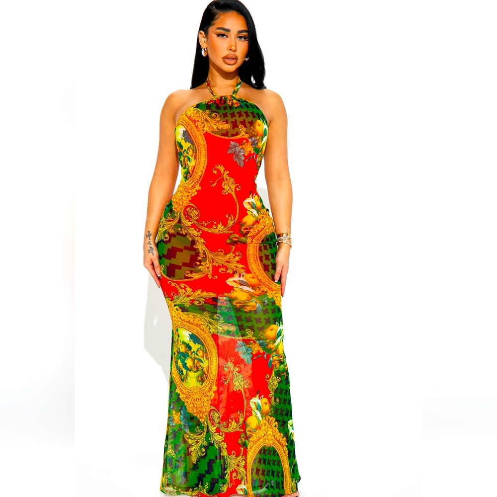 Vibrant print halter maxi dress sz Small NEW